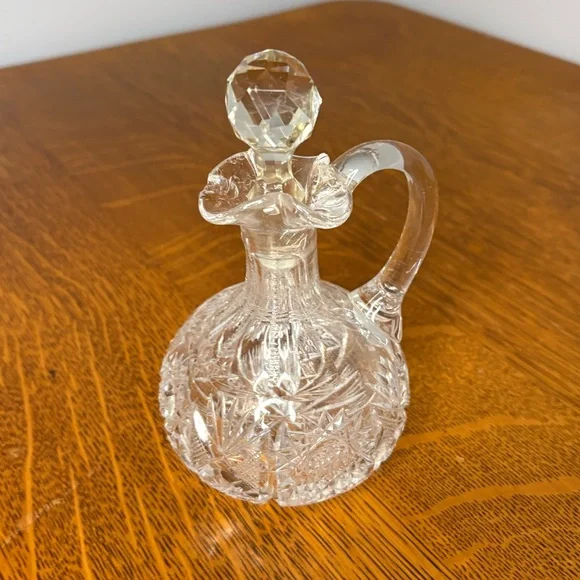 Antique Cut Glass Cruet with Handle & Stopper Etched Glass Decor Delicate Chip - Picture 7 of 14